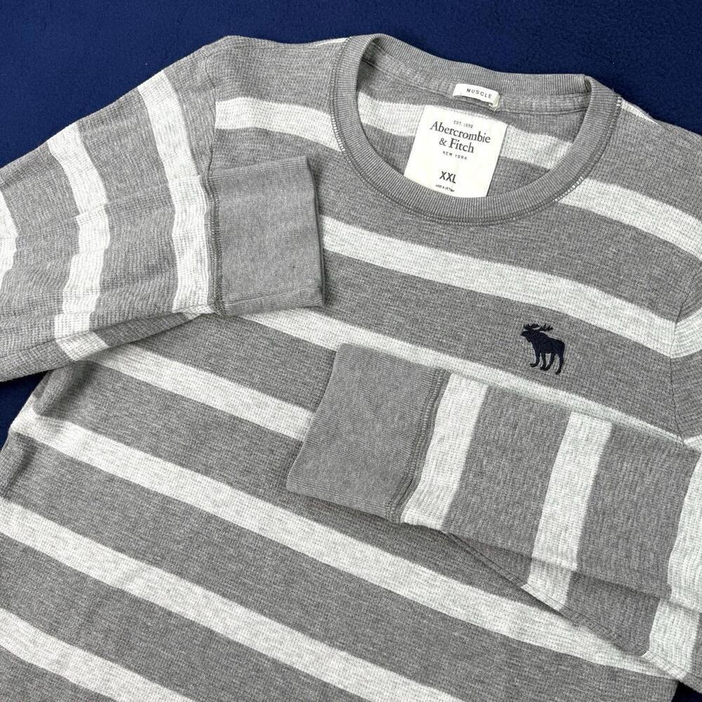 Y2K Abercrombie & Fitch Striped Crewneck Sweatshirt Thermal Moose Logo Size XXL